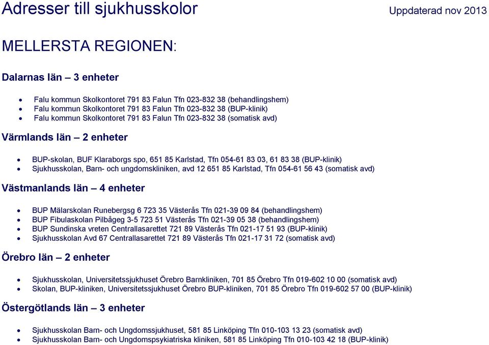 (BUP-klinik) Sjukhusskolan, Barn- och ungdomskliniken, avd 12 651 85 Karlstad, Tfn 054-61 56 43 (somatisk avd) Västmanlands län 4 enheter BUP Mälarskolan Runebergsg 6 723 35 Västerås Tfn 021-39 09 84