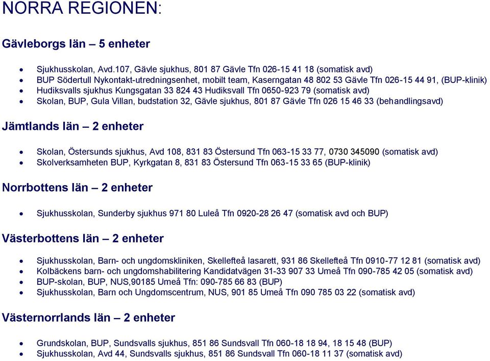 Kungsgatan 33 824 43 Hudiksvall Tfn 0650-923 79 (somatisk avd) Skolan, BUP, Gula Villan, budstation 32, Gävle sjukhus, 801 87 Gävle Tfn 026 15 46 33 (behandlingsavd) Jämtlands län 2 enheter Skolan,