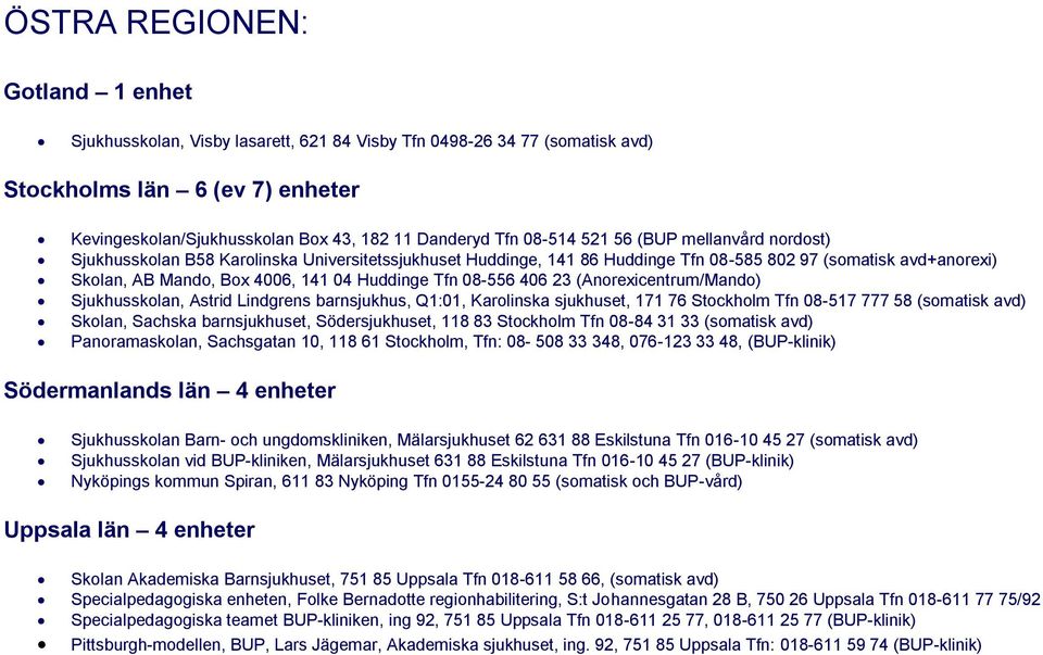 Huddinge Tfn 08-556 406 23 (Anorexicentrum/Mando) Sjukhusskolan, Astrid Lindgrens barnsjukhus, Q1:01, Karolinska sjukhuset, 171 76 Stockholm Tfn 08-517 777 58 (somatisk avd) Skolan, Sachska