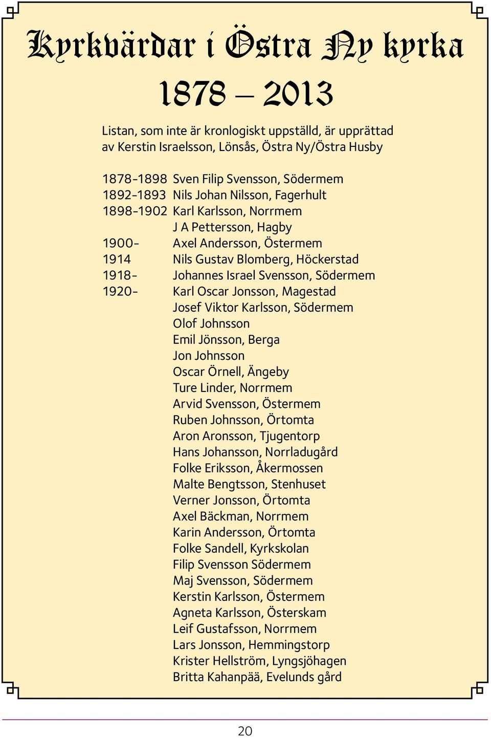 1920- Karl Oscar Jonsson, Magestad Josef Viktor Karlsson, Södermem Olof Johnsson Emil Jönsson, Berga Jon Johnsson Oscar Örnell, Ängeby Ture Linder, Norrmem Arvid Svensson, Östermem Ruben Johnsson,