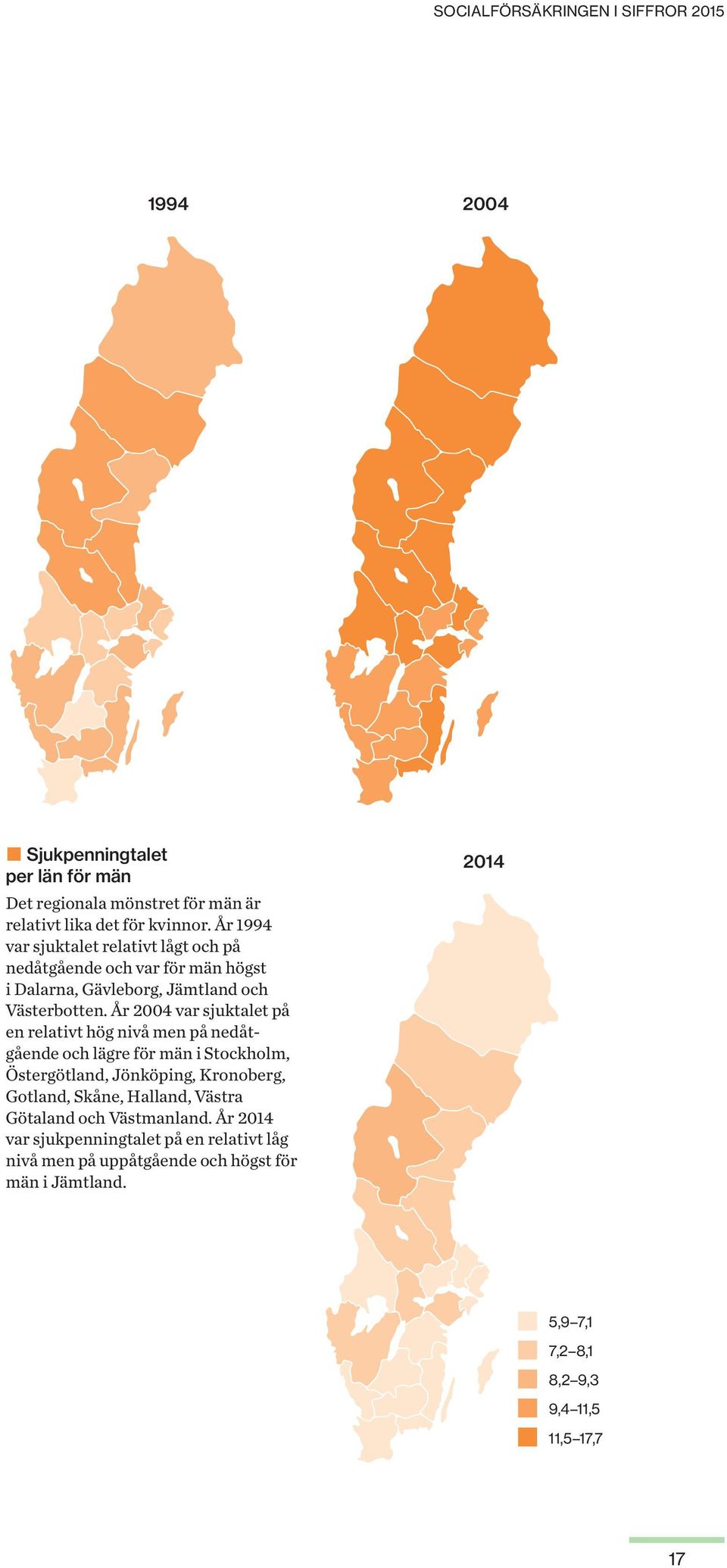 År 2004 var sjuktalet på en relativt hög nivå men på nedåtgående och lägre för män i Stockholm, Östergötland, Jönköping, Kronoberg, Gotland,