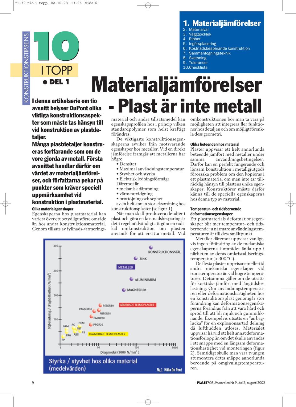 Checklista Materialjämförelser I denna artikelserie om tio avsnitt belyser DuPont olika viktiga konstruktionsaspekter som måste tas hänsyn till vid konstruktion av plastdetaljer.