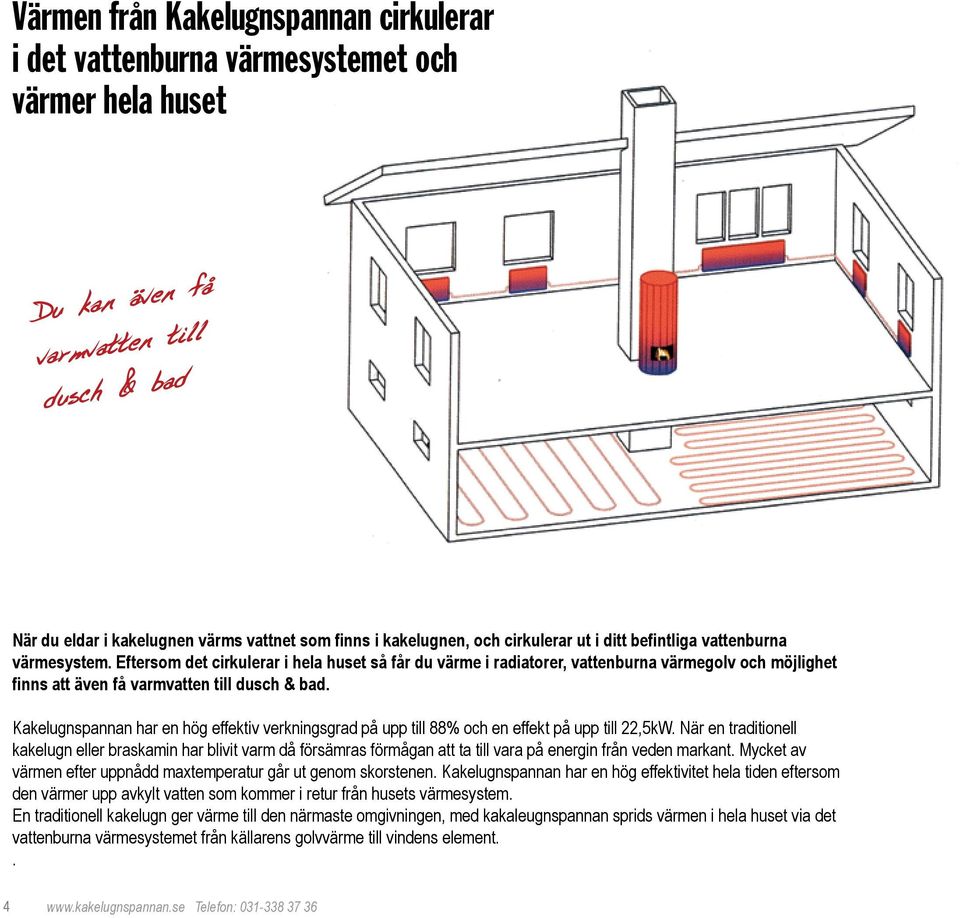 Kakelugnspannan har en hög effektiv verkningsgrad på upp till 88% och en effekt på upp till 22,5kW.