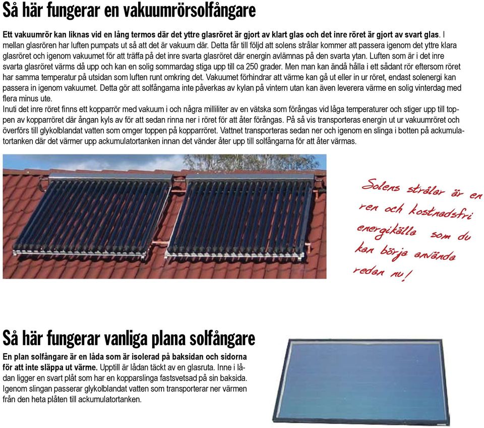 Detta får till följd att solens strålar kommer att passera igenom det yttre klara glasröret och igenom vakuumet för att träffa på det inre svarta glasröret där energin avlämnas på den svarta ytan.