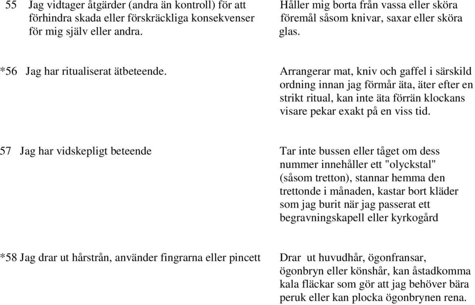 Arrangerar mat, kniv och gaffel i särskild ordning innan jag förmår äta, äter efter en strikt ritual, kan inte äta förrän klockans visare pekar exakt på en viss tid.