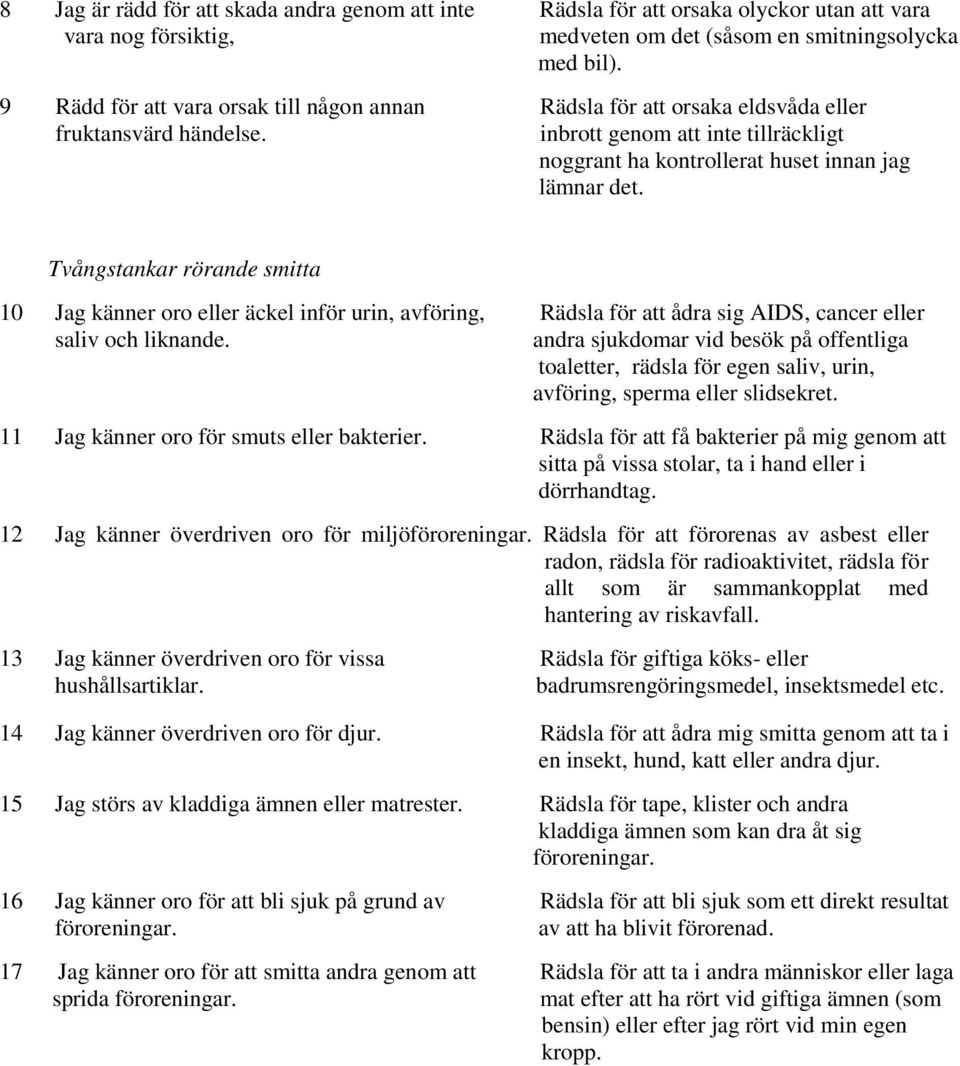 Tvångstankar rörande smitta 10 Jag känner oro eller äckel inför urin, avföring, Rädsla för att ådra sig AIDS, cancer eller saliv och liknande.
