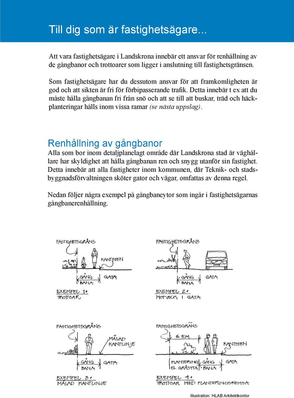 Detta innebär t ex att du måste hålla gångbanan fri från snö och att se till att buskar, träd och häckplanteringar hålls inom vissa ramar (se nästa uppslag).