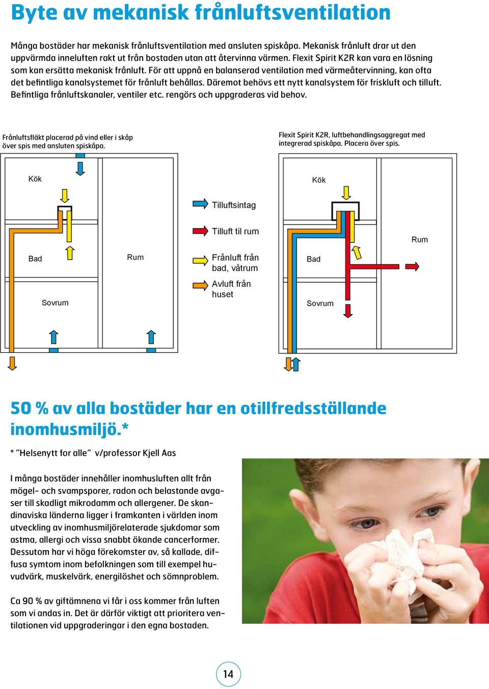 För att uppnå en balanserad ventilation med värmeåtervinning, kan ofta det befintliga kanalsystemet för frånluft behållas. Däremot behövs ett nytt kanalsystem för friskluft och tilluft.