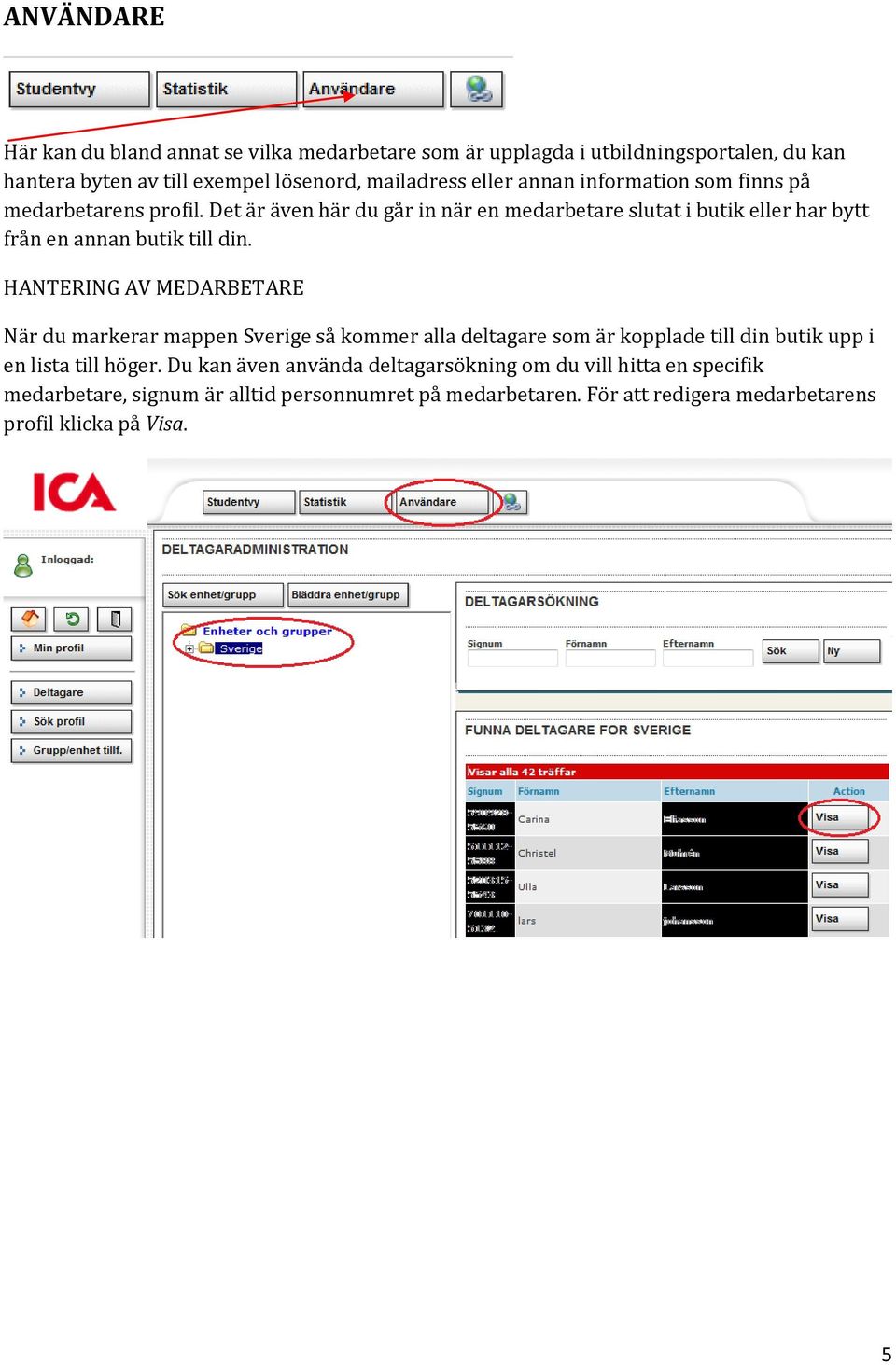 HANTERING AV MEDARBETARE När du markerar mappen Sverige så kommer alla deltagare som är kopplade till din butik upp i en lista till höger.