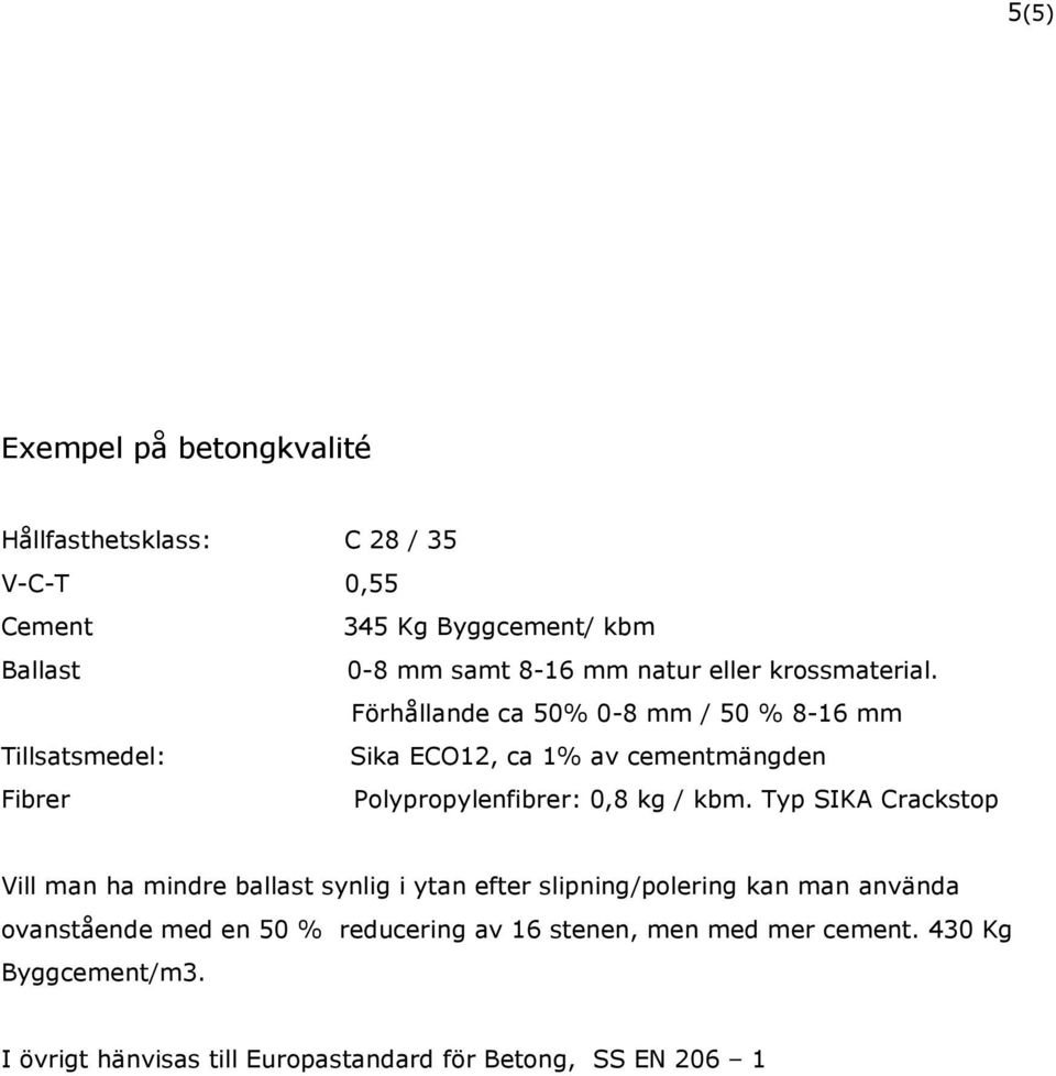 Förhållande ca 50% 0-8 mm / 50 % 8-16 mm Tillsatsmedel: Sika ECO12, ca 1% av cementmängden Fibrer Polypropylenfibrer: 0,8 kg / kbm.