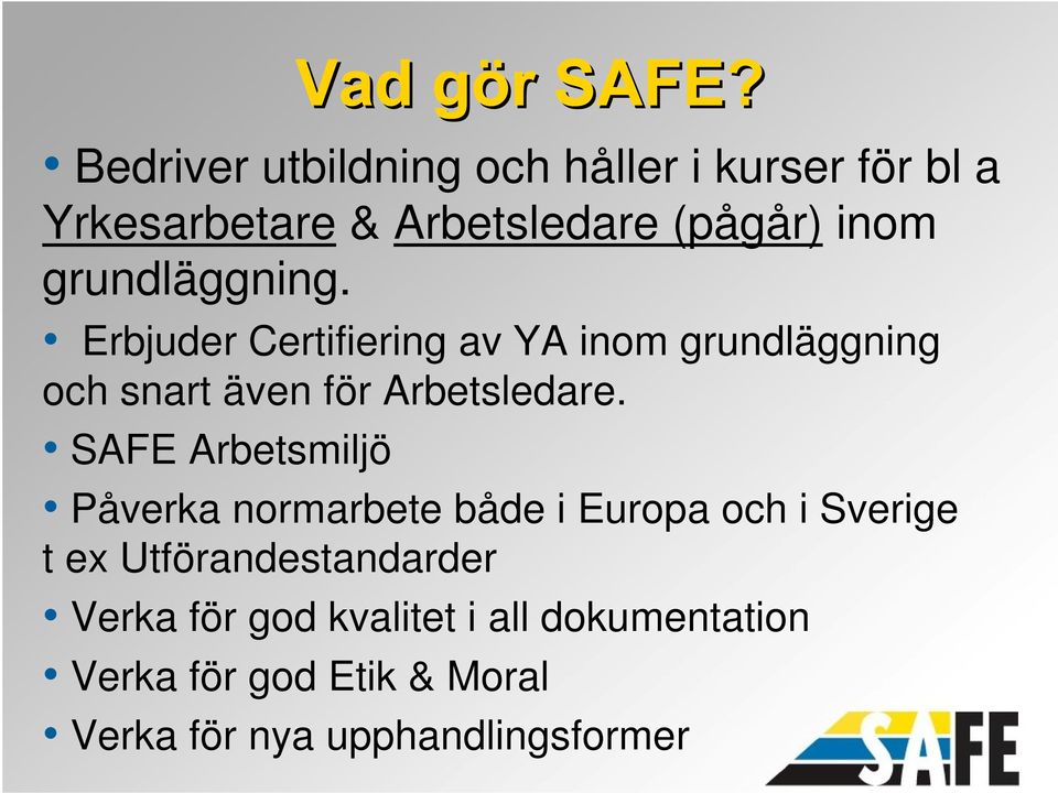 SAFE Arbetsmiljö Påverka normarbete både i Europa och i Sverige t ex Utförandestandarder Verka