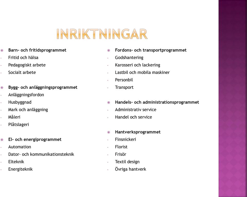 Energiteknik Fordons- och transportprogrammet - Godshantering - Karosseri och lackering - Lastbil och mobila maskiner - Personbil - Transport