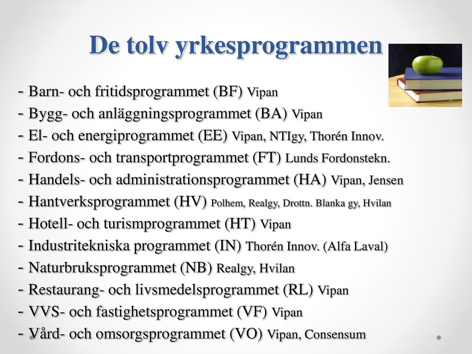 - Handels- och administrationsprogrammet (HA) Vipan, Jensen - Hantverksprogrammet (HV) Polhem, Realgy, Drottn.