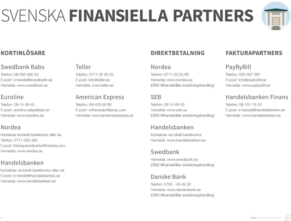 se Hemsida: www.paybybill.se Euroline American Express SEB Handelsbanken Finans Telefon: 08-14 69 40 E-post: euroline.sales@seb.se Hemsida: www.euroline.se Telefon: 08-429 56 80 E-post: wthsweden@aexp.