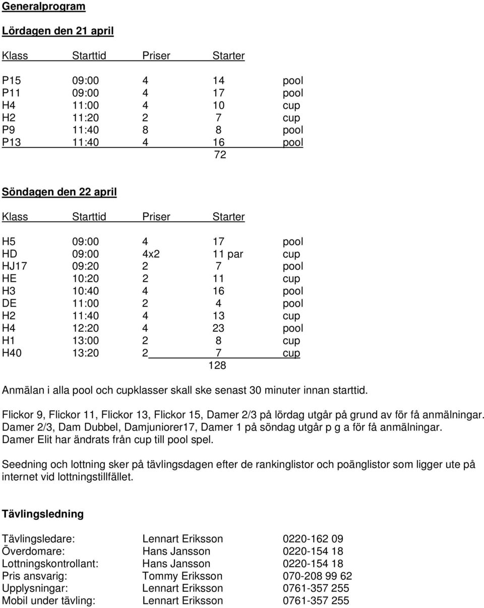 2 8 cup H40 13:20 2 7 cup 128 Anmälan i alla pool och cupklasser skall ske senast 30 minuter innan starttid.