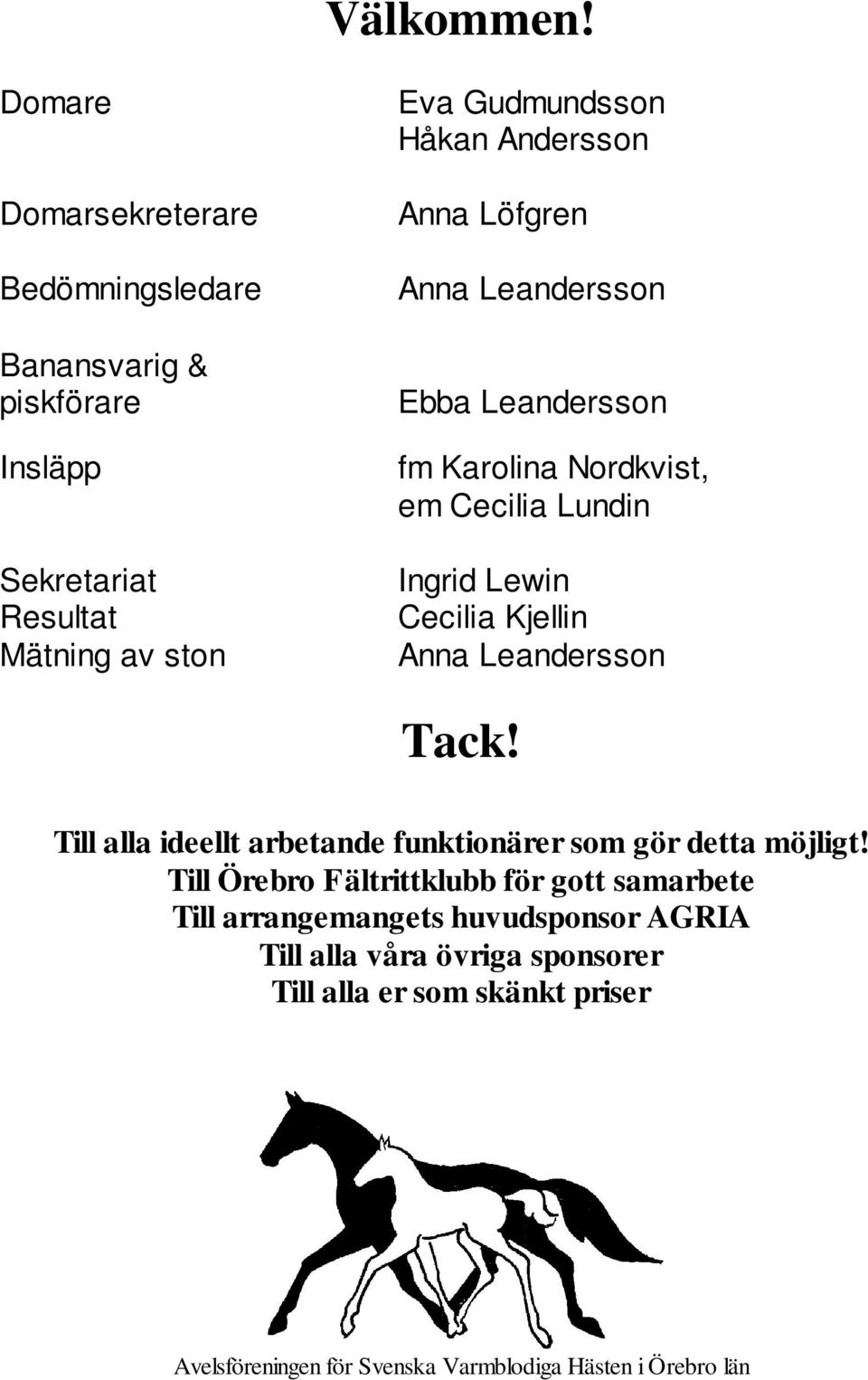 Andersson Anna Löfgren Anna Leandersson Ebba Leandersson fm Karolina Nordkvist, em Cecilia Lundin Ingrid Lewin Cecilia Kjellin Anna