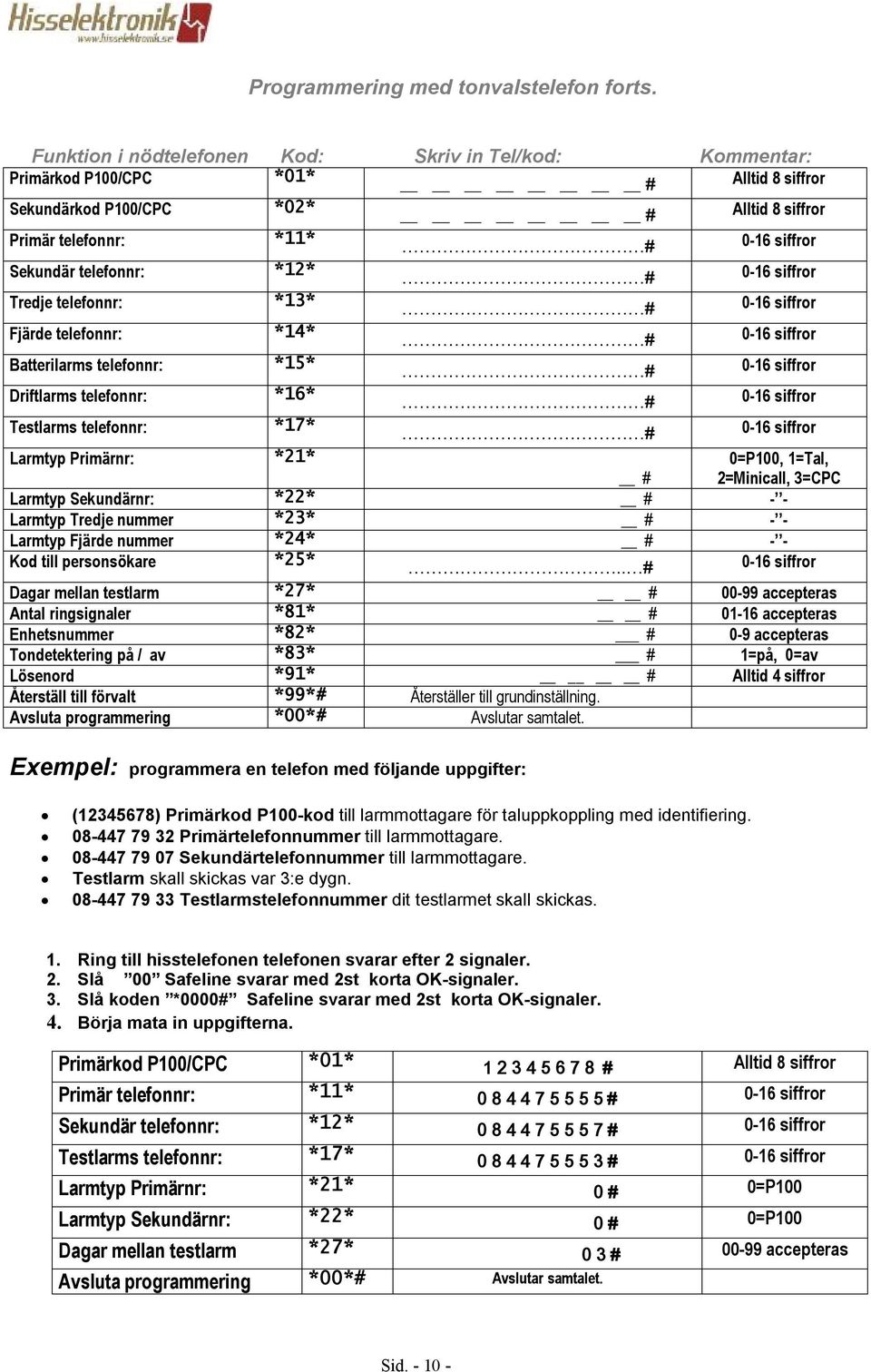 Driftlarms telefonnr: *16* # 0-16 siffror Testlarms telefonnr: *17* # 0-16 siffror Larmtyp Primärnr: *21* # 0=P100, 1=Tal, 2=Minicall, 3=CPC Larmtyp Sekundärnr: *22* # - - Larmtyp Tredje nummer *23*