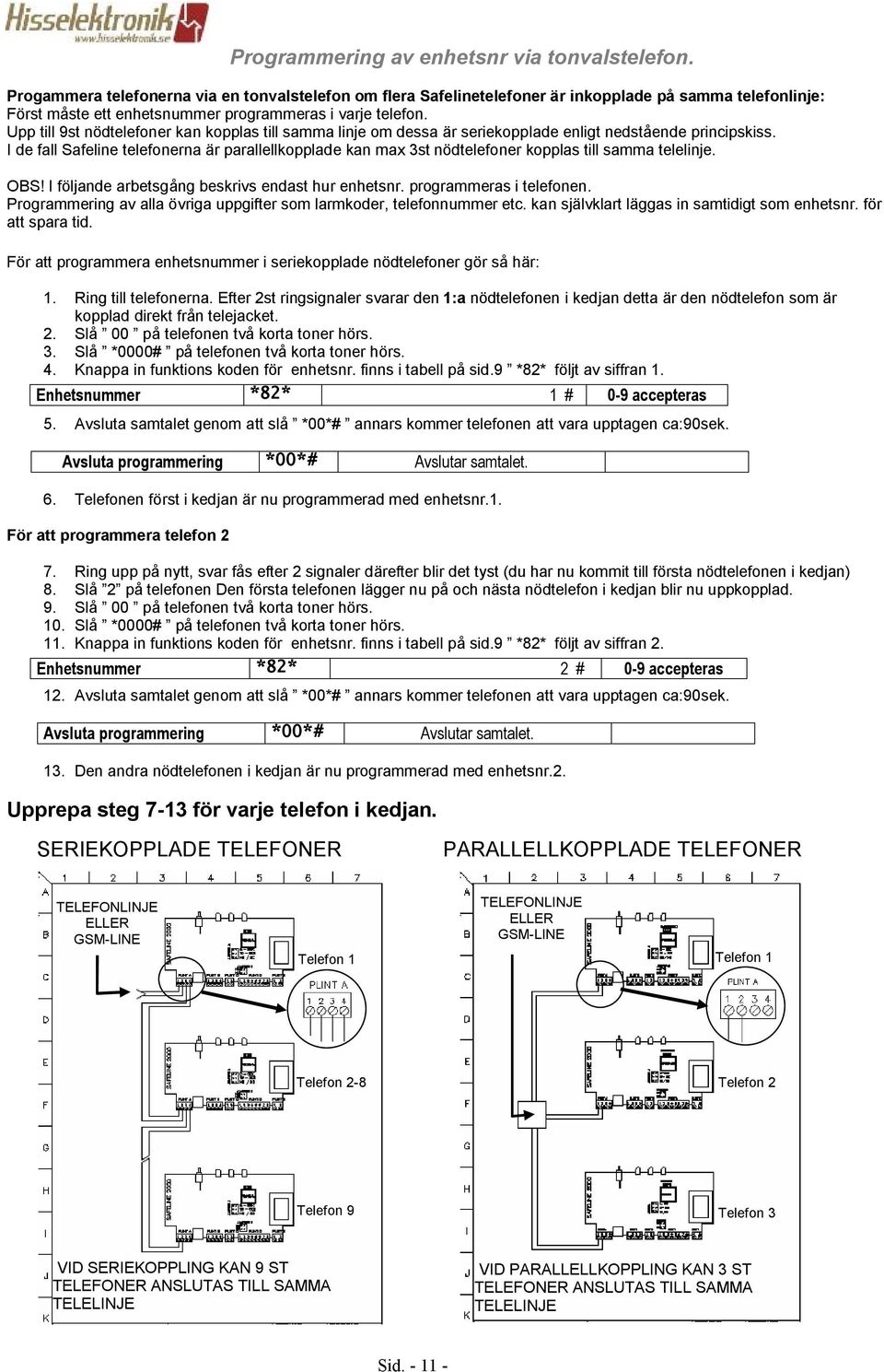 nödtelefoner kopplas till samma telelinje OBS!