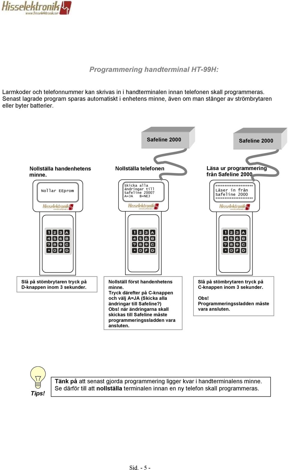 A=JA B=NEJ Läsa ur programmering från Safeline 2000 ********************* Läser in från Safeline 2000 ********************* Slå på stömbrytaren tryck på D-knappen inom 3 sekunder Nollställ först