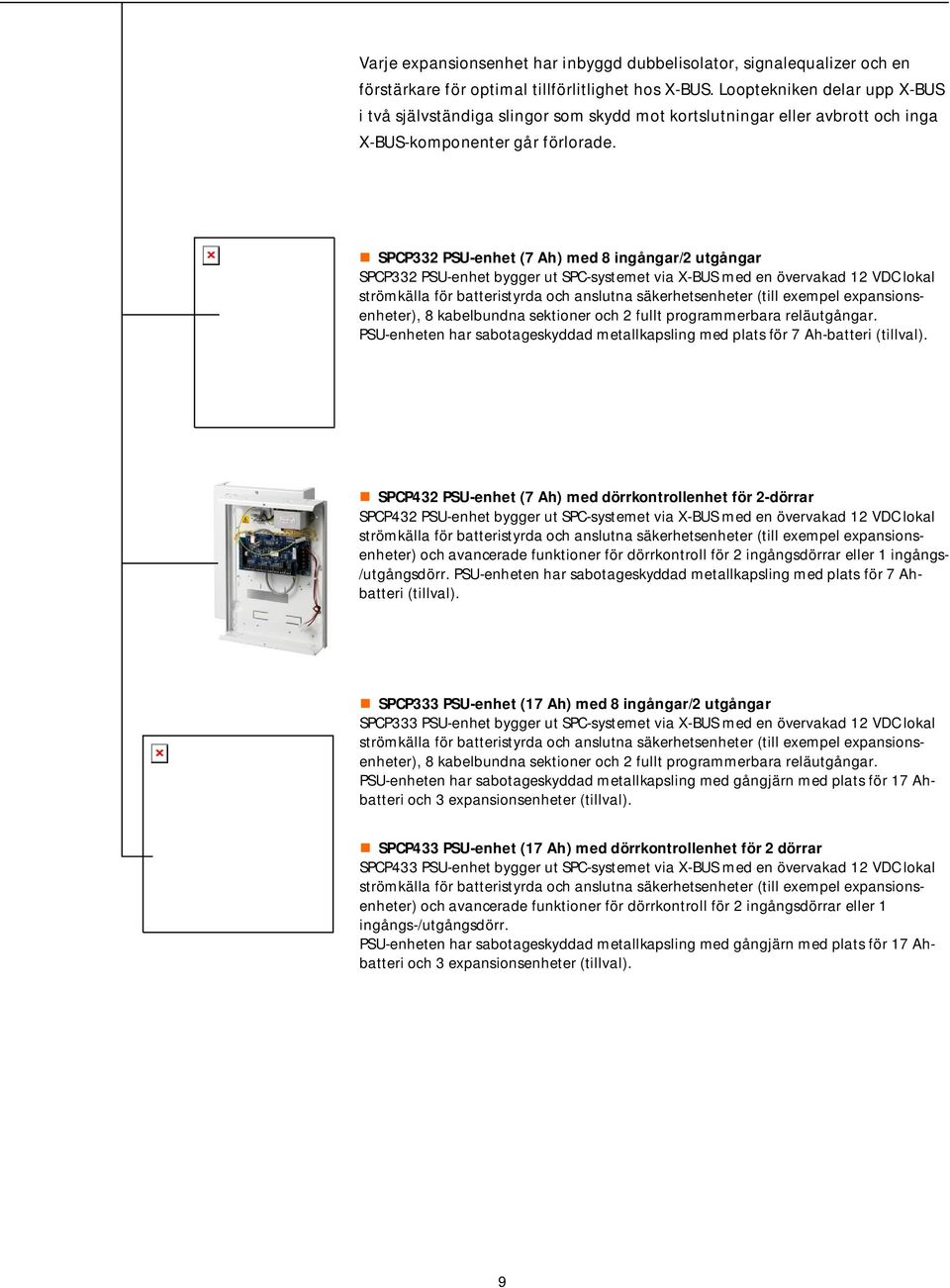 SPCP332 PSU-enhet (7 Ah) med 8 ingångar/2 utgångar SPCP332 PSU-enhet bygger ut SPC-systemet via X-BUS med en övervakad lokal strömkälla för batteristyrda och anslutna säkerhetsenheter (till exempel