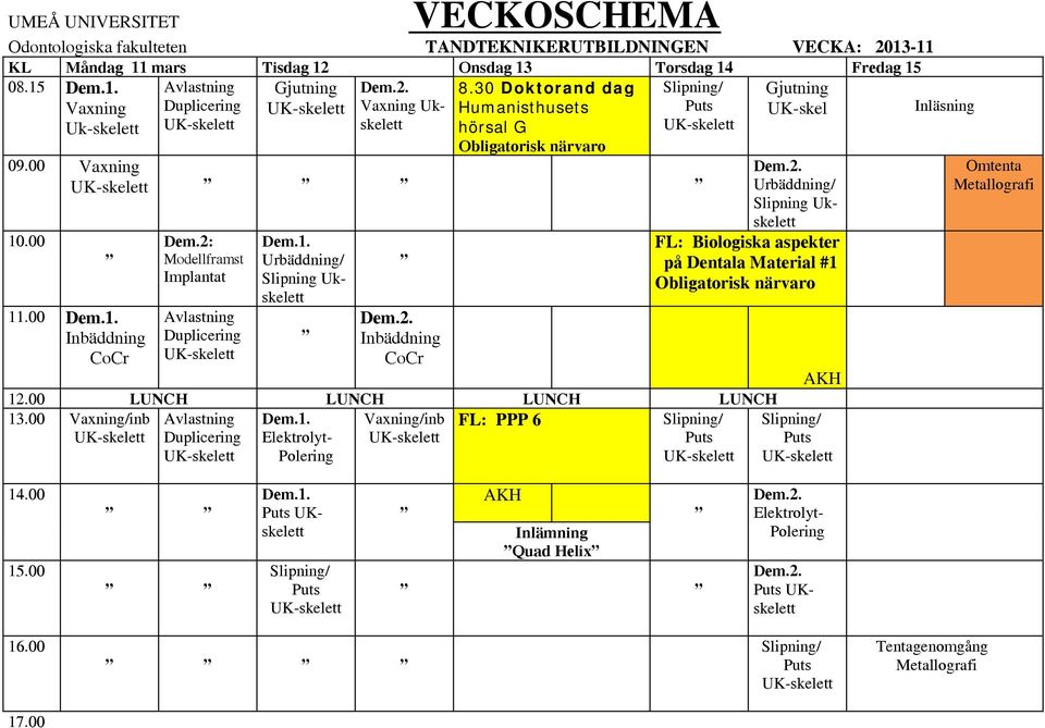 .00 Dem.1. Inbäddning CoCr Dem.2: Modellframst Avlastning Duplicering Dem.1. Urbäddning/ Slipning Ukskelett Inbäddning CoCr Gjutning UK-skel Urbäddning/ Slipning Ukskelett FL: Biologiska aspekter på Dentala Material #1 Obligatorisk närvaro 12.