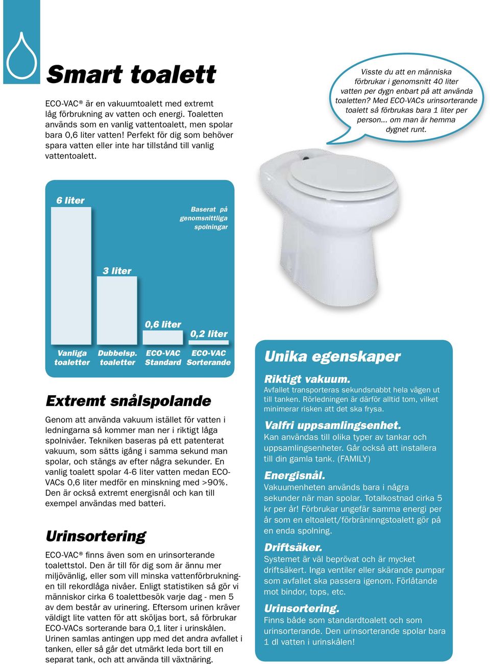 Med ECO-VACs urinsorterande toalett så förbrukas bara 1 liter per person... om man är hemma dygnet runt. 6 liter Baserat på genomsnittliga spolningar 3 liter Vanliga toaletter Dubbelsp.