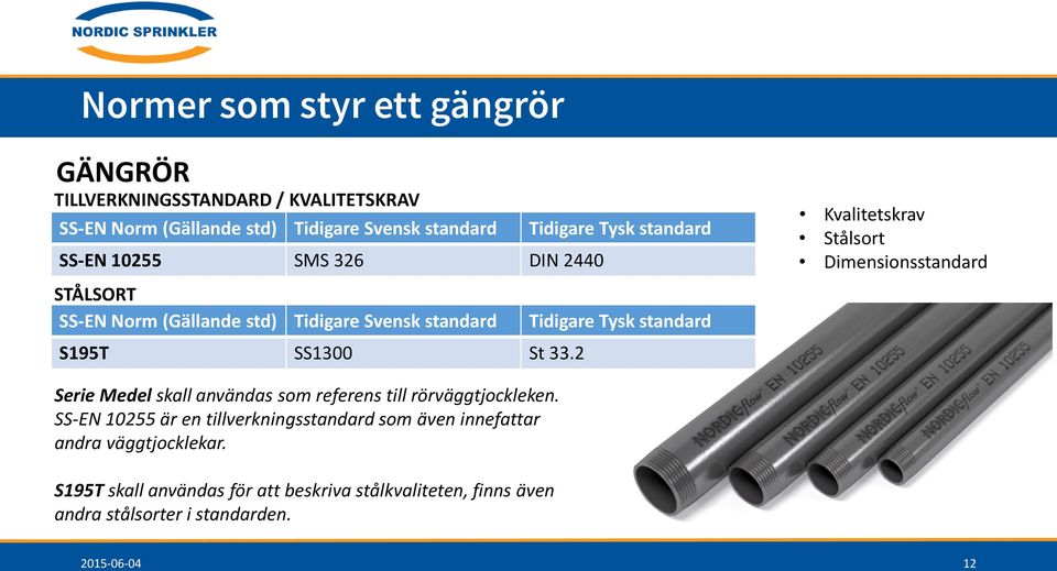 2 Kvalitetskrav Stålsort Dimensionsstandard Serie Medel skall användas som referens till rörväggtjockleken.