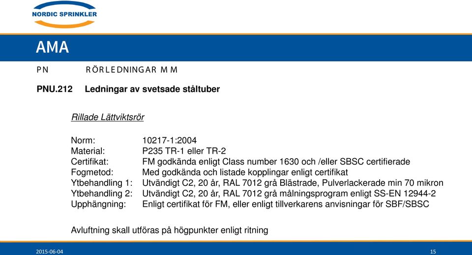 enligt Class number 1630 och /eller SBSC certifierade Fogmetod: Med godkända och listade kopplingar enligt certifikat Ytbehandling 1: Utvändigt C2, 20