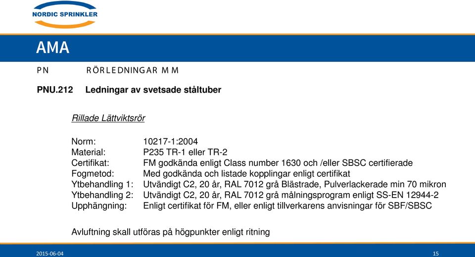 enligt Class number 1630 och /eller SBSC certifierade Fogmetod: Med godkända och listade kopplingar enligt certifikat Ytbehandling 1: Utvändigt C2, 20