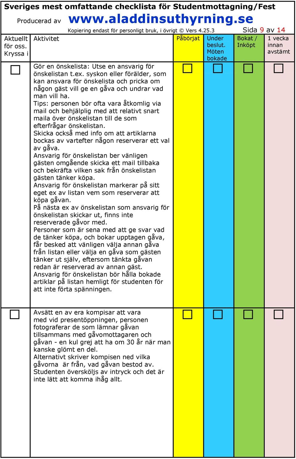 Tips: personen bör ofta vara åtkomlig via mail och behjälplig med att relativt snart maila över önskelistan till de som efterfrågar önskelistan.