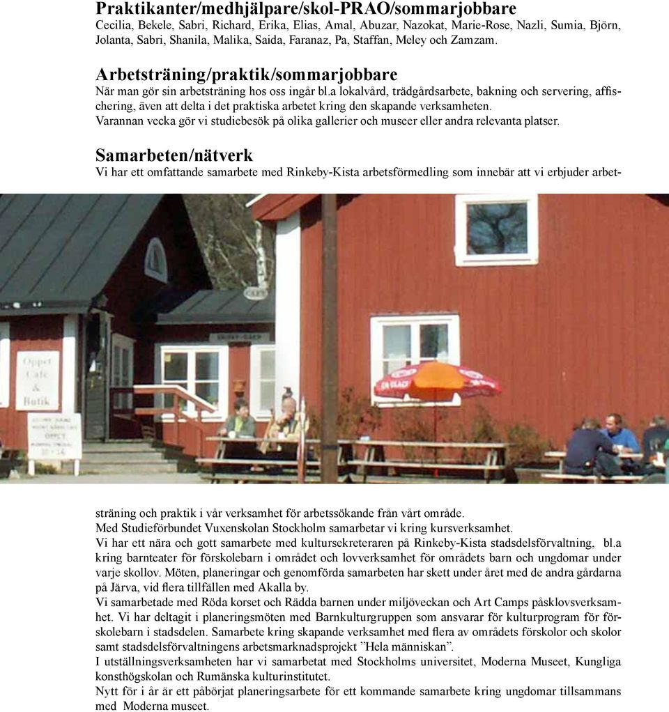 a lokalvård, trädgårdsarbete, bakning och servering, affischering, även att delta i det praktiska arbetet kring den skapande verksamheten.