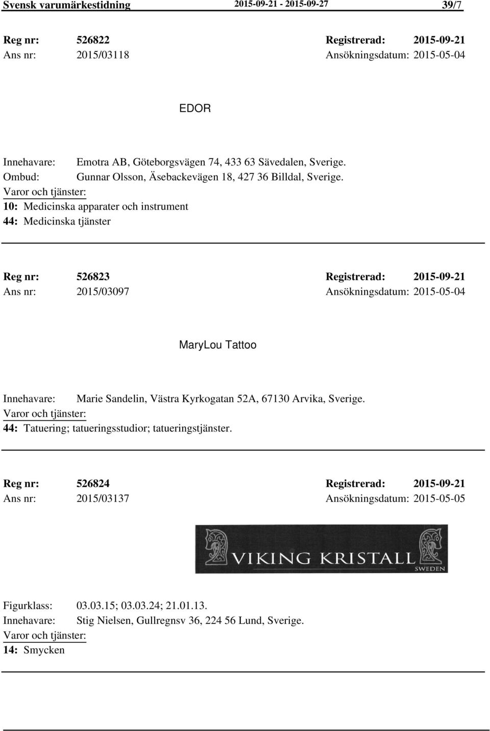 2015-09-21 Ans nr: 2015/03097 Ansökningsdatum: 2015-05-04 MaryLou Tattoo Marie Sandelin, Västra Kyrkogatan 52A, 67130 Arvika, 44: Tatuering; tatueringsstudior;
