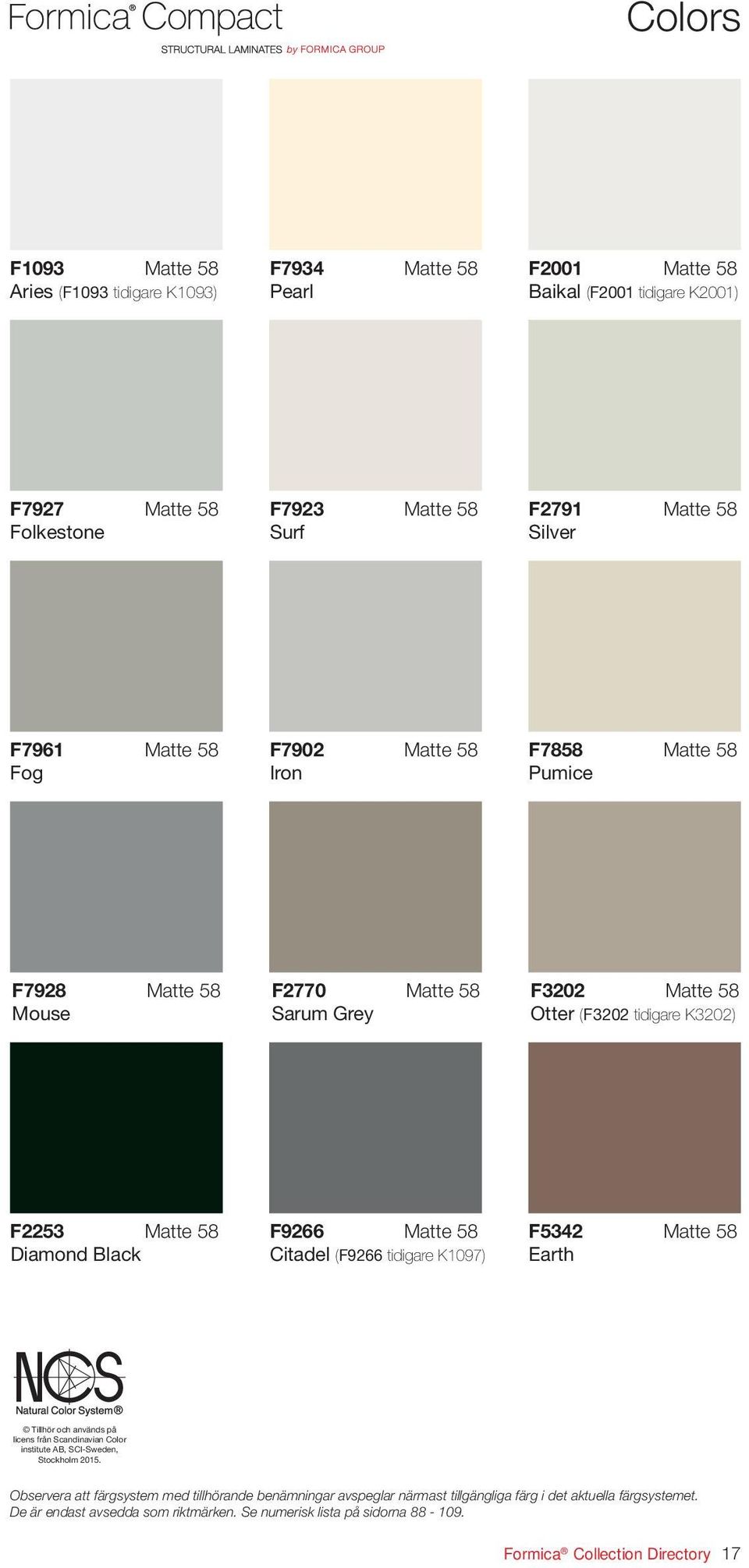 Matte 58 Citadel (F9266 tidigare K1097) F5342 Matte 58 Earth Tillhör och används på licens från Scandinavian Color institute AB, SCI-Sweden, Stockholm 2015.