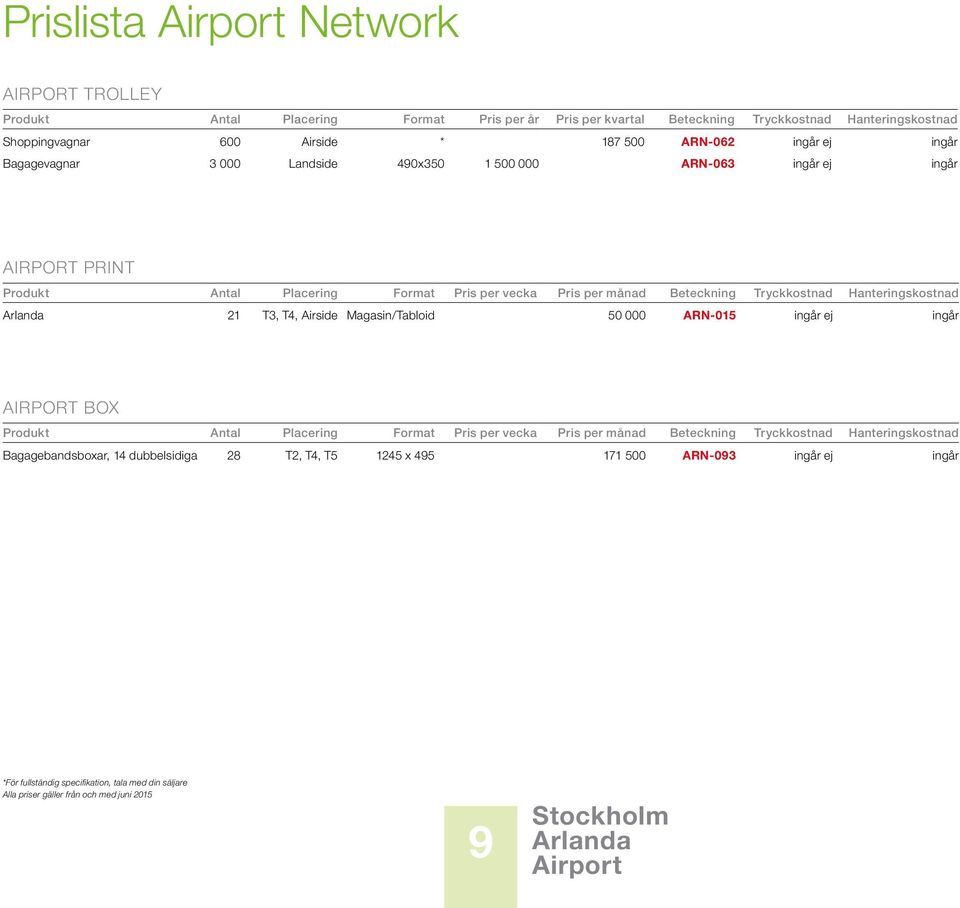 Hanteringskostnad 21 T3, T4, Airside Magasin/Tabloid 50 000 ingår ej ingår AIRPORT BOX Produkt Antal Placering Format Pris per vecka Pris per månad Beteckning Tryckkostnad