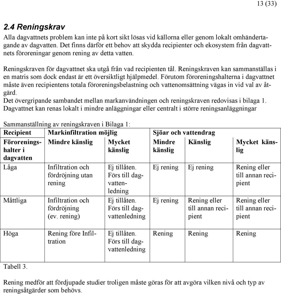 Reningskraven kan sammanställas i en matris som dock endast är ett översiktligt hjälpmedel.
