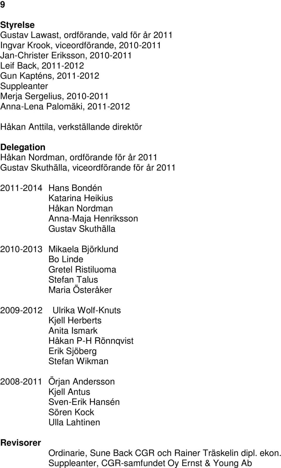 Bondén Katarina Heikius Håkan Nordman Anna-Maja Henriksson Gustav Skuthälla 2010-2013 Mikaela Björklund Bo Linde Gretel Ristiluoma Stefan Talus Maria Österåker 2009-2012 Ulrika Wolf-Knuts Kjell