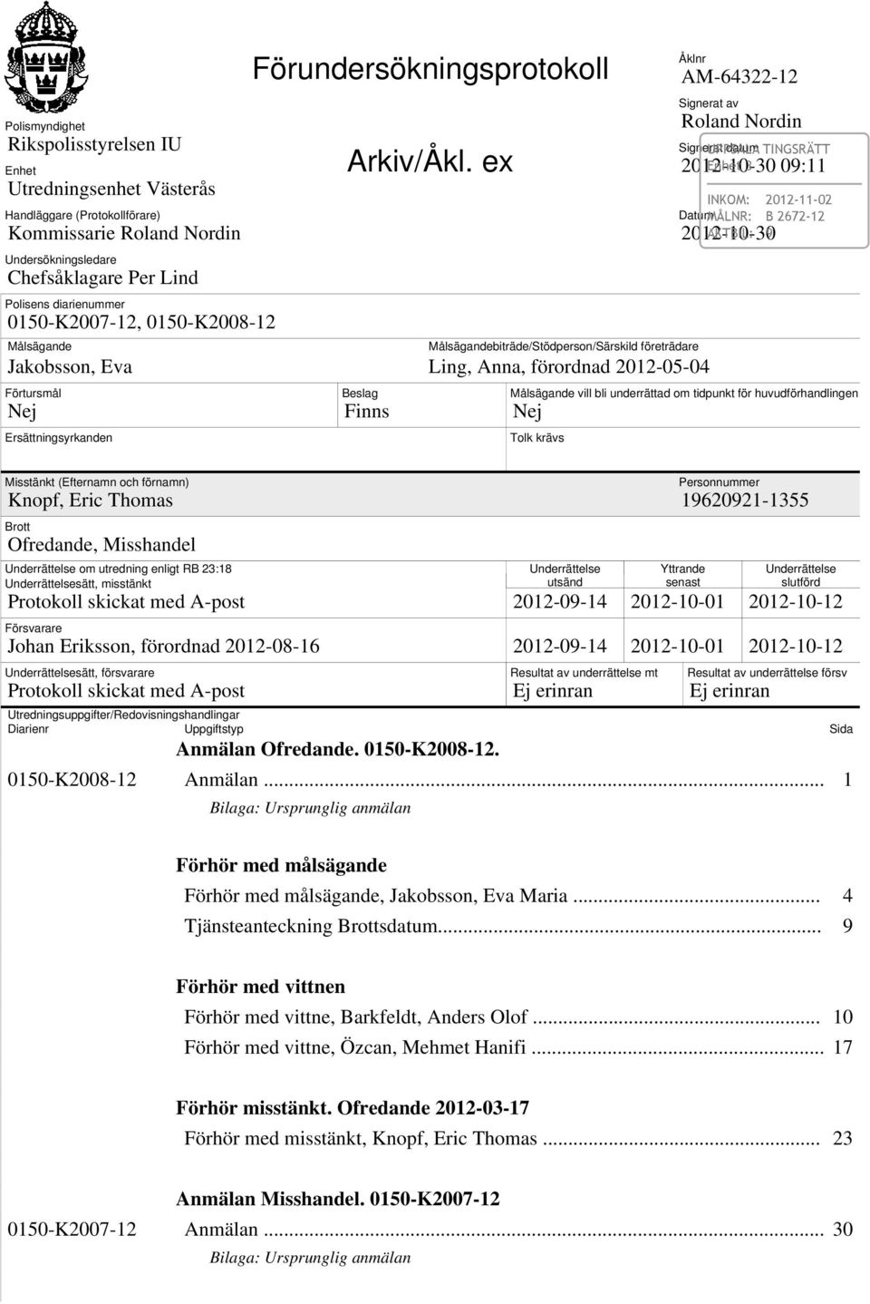 ex Målsägandebiträde/Stödperson/Särskild företrädare Jakobsson, Eva Ling, Anna, förordnad 2012-05-04 Förtursmål Nej Ersättningsyrkanden Misstänkt (Efternamn och förnamn) Knopf, Eric Thomas Brott