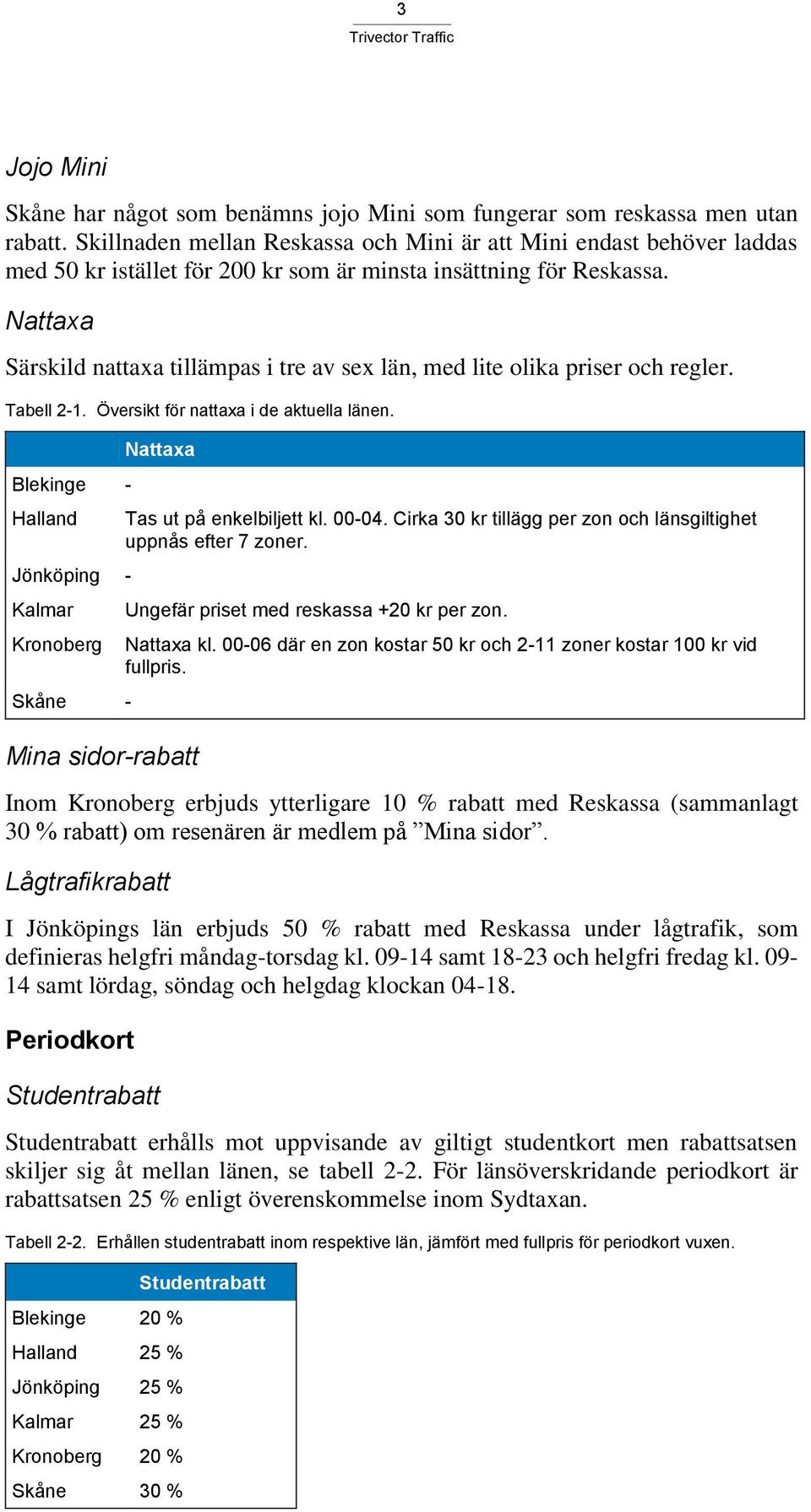 Nattaxa Särskild nattaxa tillämpas i tre av sex län, med lite olika priser och regler. Tabell 2-1. Översikt för nattaxa i de aktuella länen.