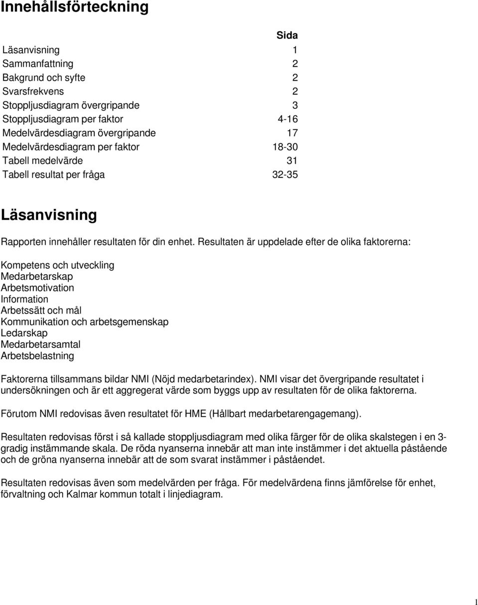 Kompetens och utveckling Medarbetarskap Arbetsmotivation Information Arbetssätt och mål Kommunikation och arbetsgemenskap Ledarskap Medarbetarsamtal Arbetsbelastning Faktorerna tillsammans bildar NMI