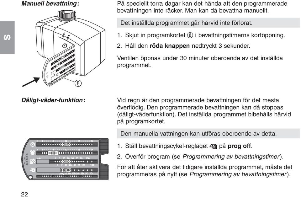 8 Dåligt-väder-funktion: Vid regn är den programmerade bevattningen för det mesta överflödig. Den programmerade bevattningen kan då stoppas (dåligt-väderfunktion).