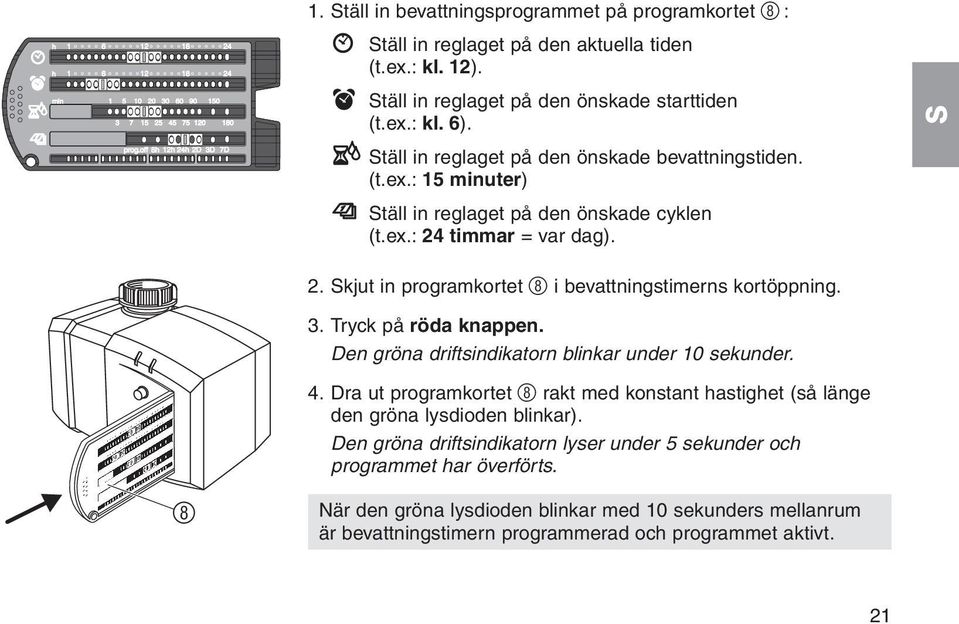 3. Tryck på röda knappen. Den gröna driftsindikatorn blinkar under 10 sekunder. 4. Dra ut programkortet 8 rakt med konstant hastighet (så länge den gröna lysdioden blinkar).