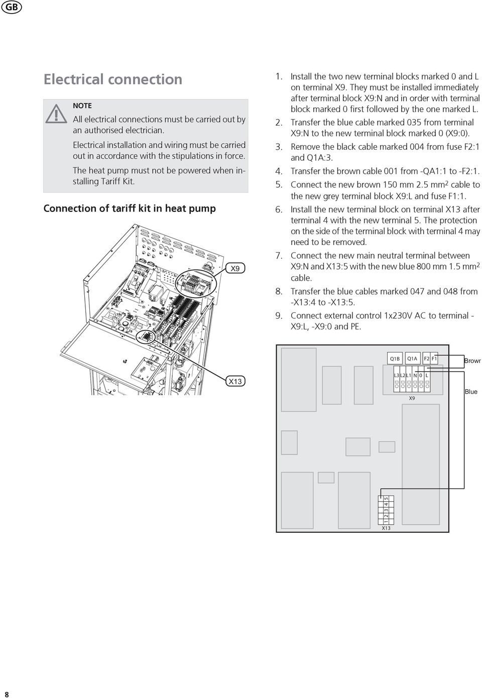 Connection of tariff kit in heat pump 1. Install the two new terminal blocks marked 0 and L on terminal X9.