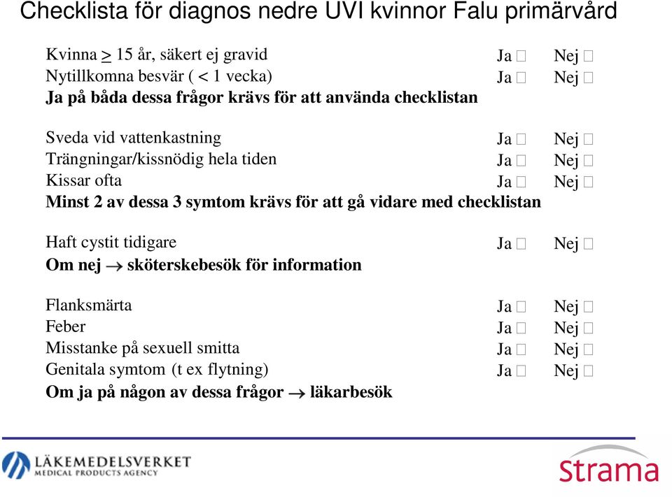 Ja Nej Minst 2 av dessa 3 symtom krävs för att gå vidare med checklistan Haft cystit tidigare Ja Nej Om nej sköterskebesök för information