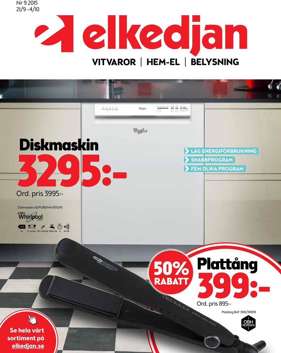 Diskmaskin ADPU100WH/105243 A+ 12 kuvert 291 kwh/år 3360 l/år A 48 db