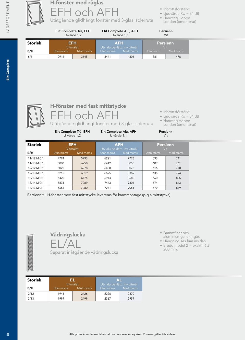 beklätt, inv vitmål persienn Vit 6/6 2916 3645 3441 4301 381 476 Elit Complete H-fönster med fast mittstycke EFH och AFH Utåtgående glidhängt fönster med 3-glas isolerruta Elit Complete Trä, EFH