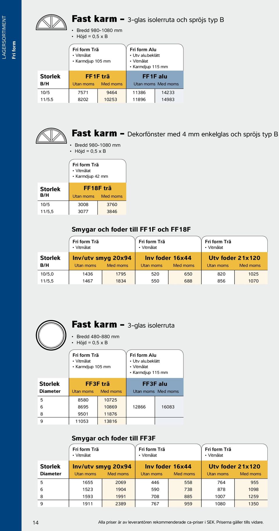 5 8202 10253 11896 14983 Fast karm - Dekorfönster med 4 mm enkelglas och spröjs typ B Bredd 980-1080 mm Höjd = 0,5 x B Fri form Trä Karmdjup 42 mm FF18F trä B/H FF18F trä 10/5 3008 3760 11/5,5 3077