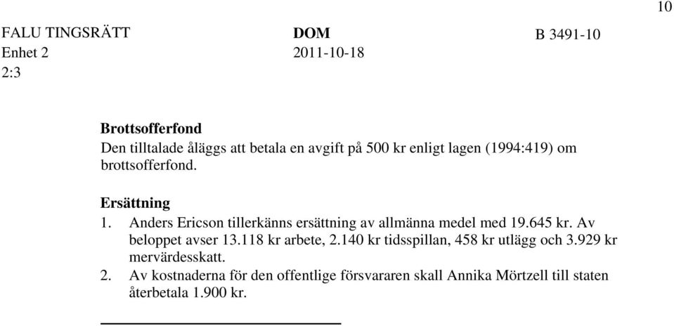 Anders Ericson tillerkänns ersättning av allmänna medel med 19.645 kr. Av beloppet avser 13.118 kr arbete, 2.