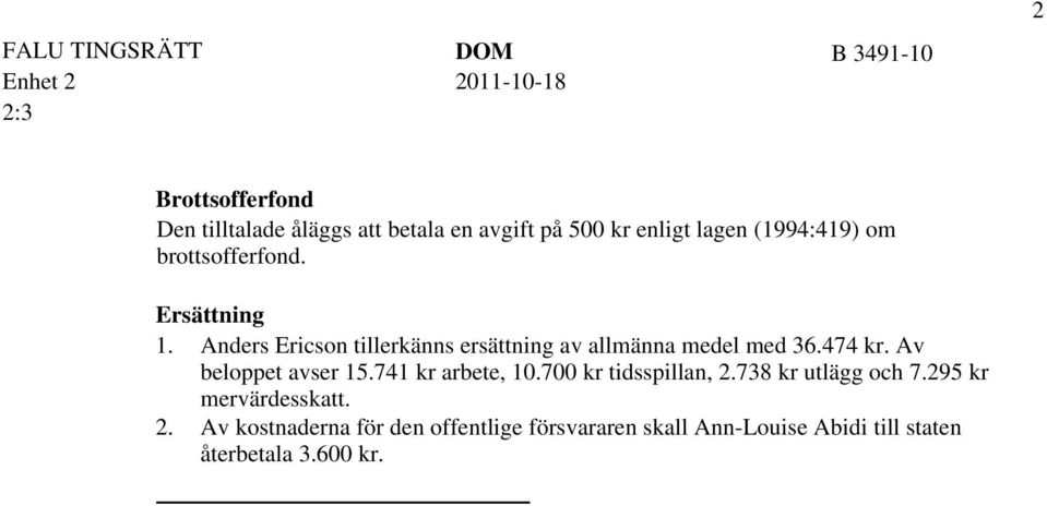 Anders Ericson tillerkänns ersättning av allmänna medel med 36.474 kr. Av beloppet avser 15.741 kr arbete, 10.