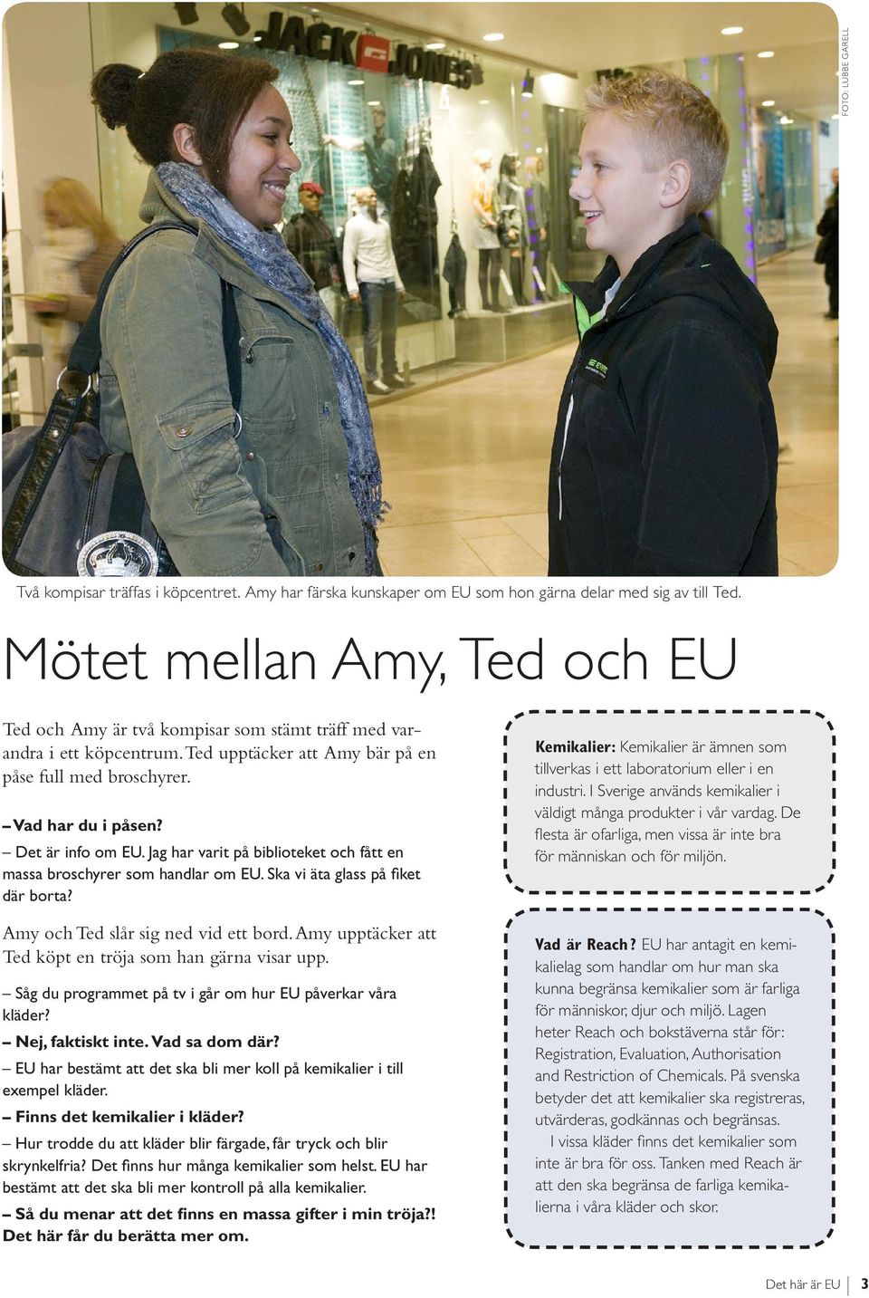 Jag har varit på biblioteket och fått en massa broschyrer som handlar om EU. Ska vi äta glass på fiket där borta? Amy och Ted slår sig ned vid ett bord.