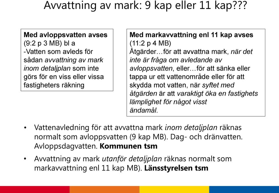 kap avses (11:2 p 4 MB) Åtgärder för att avvattna mark, när det inte är fråga om avledande av avloppsvatten, eller för att sänka eller tappa ur ett vattenområde eller för att skydda mot vatten,